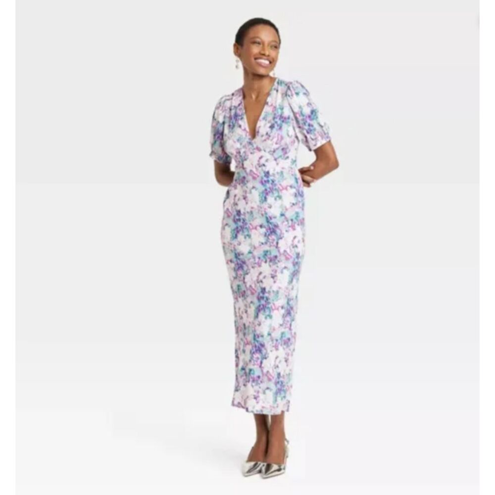Women's Crepe Puff Short Sleeve Midi Dress - A New Day - XS